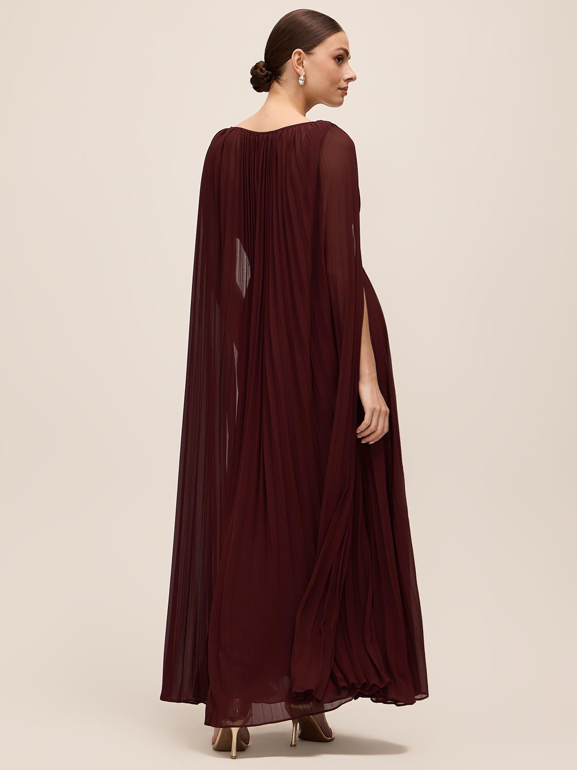 Bordeaux V-Neck Pleated Chiffon Gown - Back View with Cape - Le Chateau