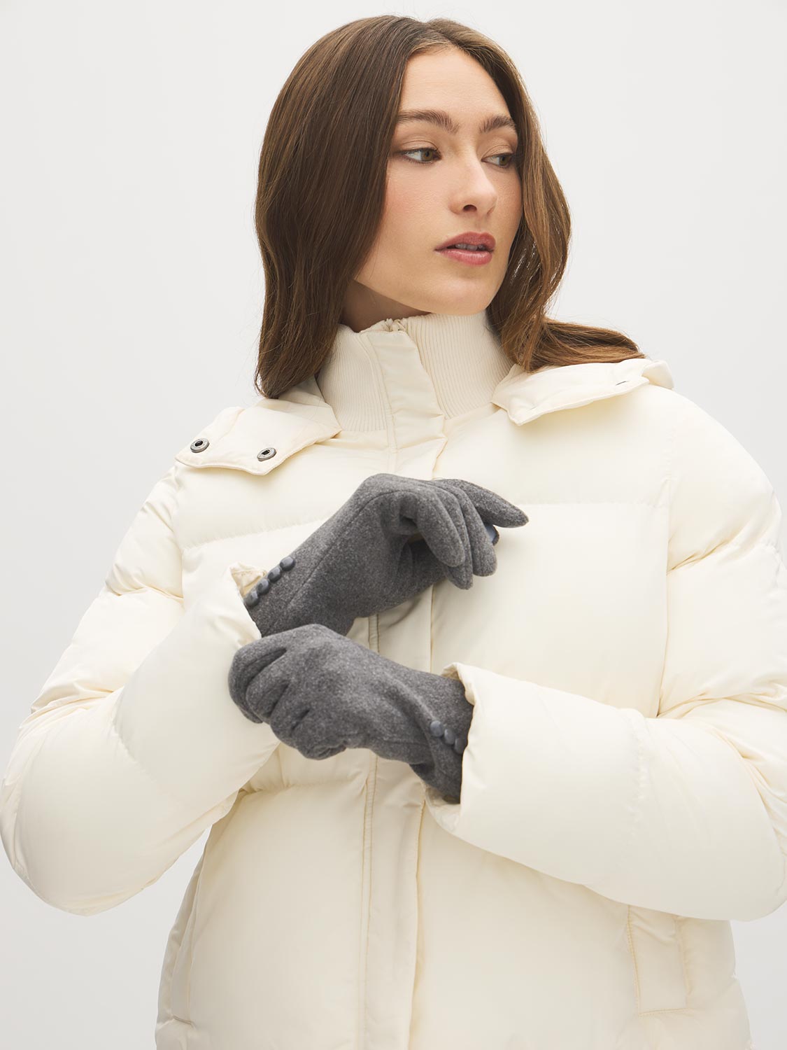 Charcoal iTouch Knit Gloves with Button Detail - Close-up of Button and iTouch Fingertips - Suzy Shier