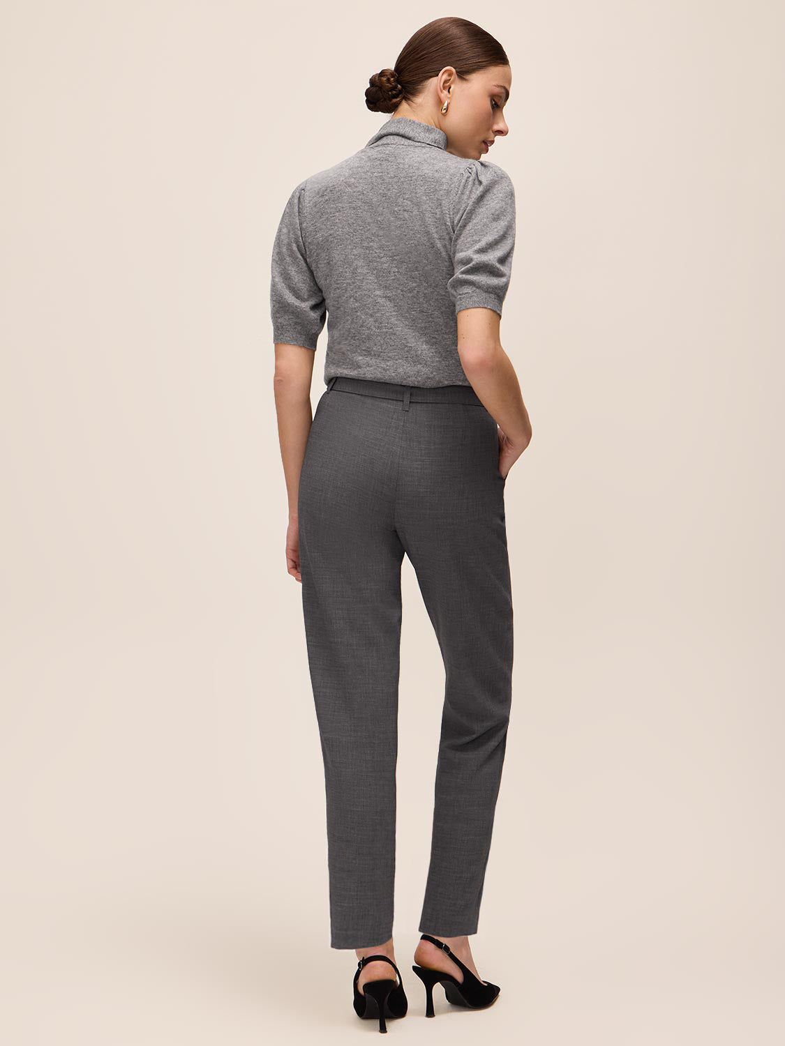 Grey Mix Self-Belt Pleated Slim Pants - Back View - Le Chateau
