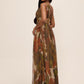Gold/Rust Metallic Crinkle Knit V-Neck Gown - Woman Wearing Evening Dress with Front Slit - Le Chateau