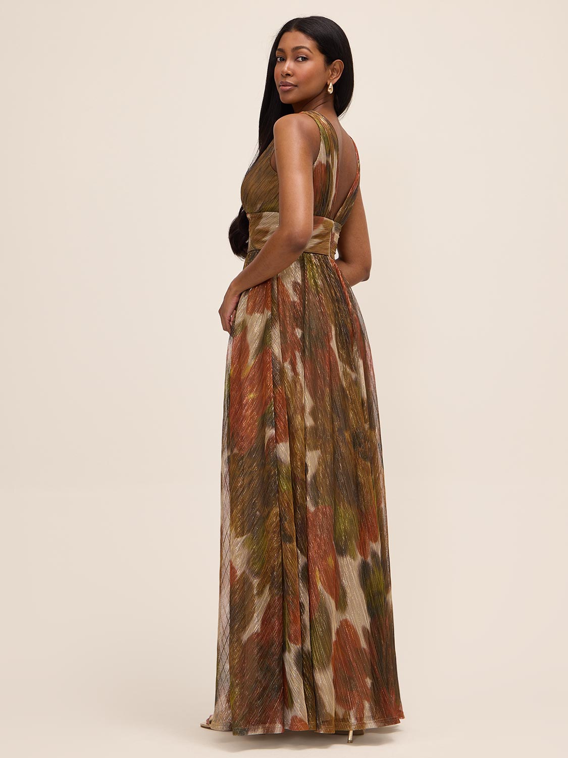 Gold/Rust Metallic Crinkle Knit V-Neck Gown - Woman Wearing Evening Dress with Front Slit - Le Chateau