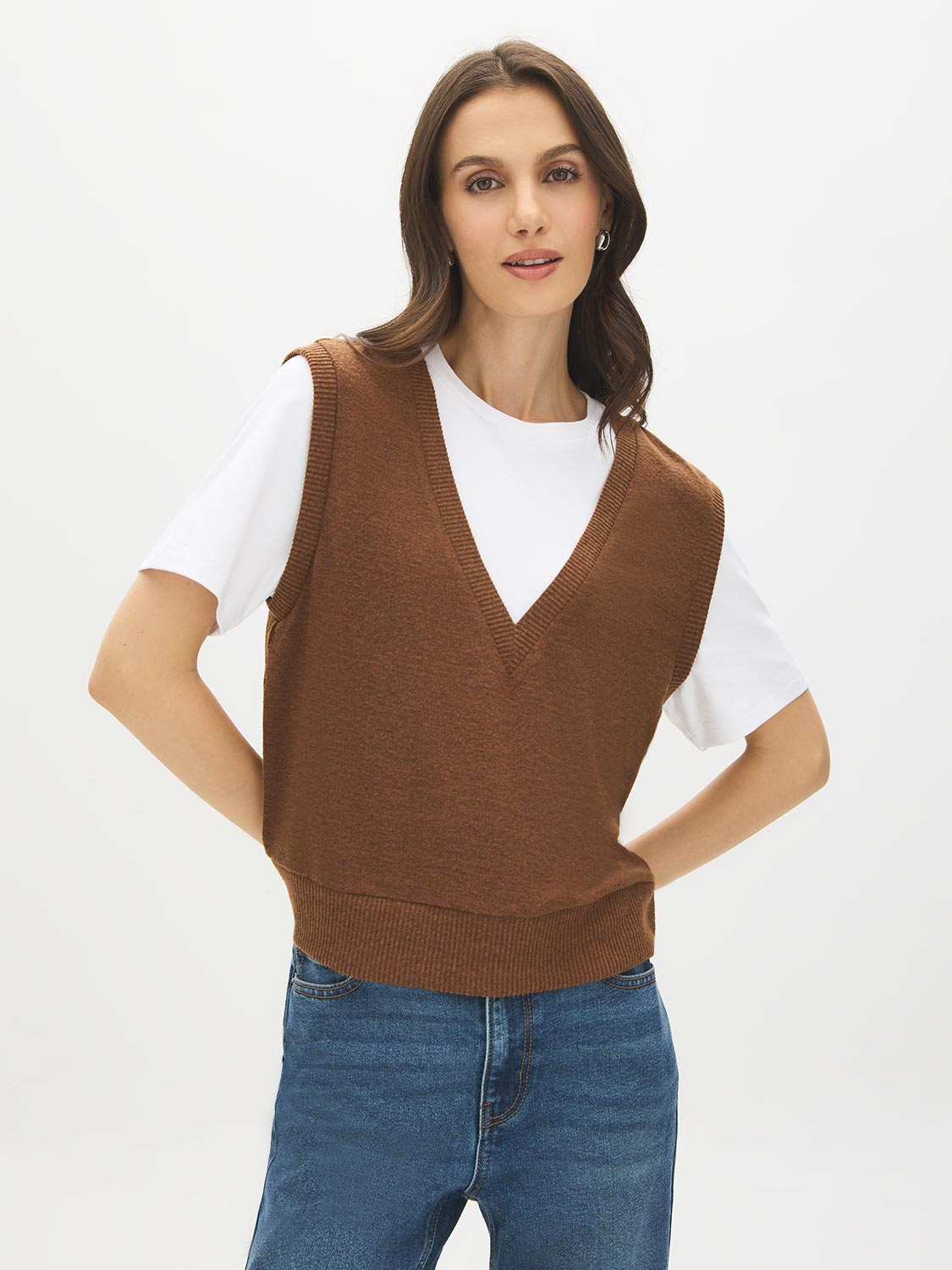 Bison Mel 2fer Knit Top with Hacci V-Neck Vest - Woman Wearing Layered Knit Top - Suzy Shier