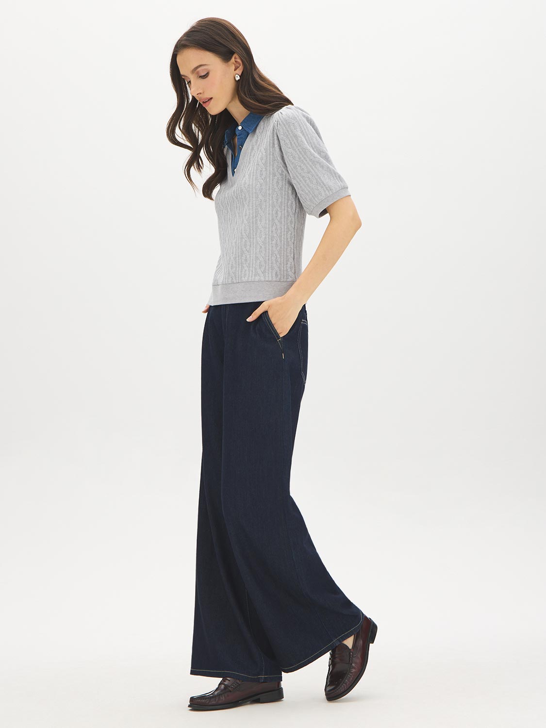 Grey Melange Puff Sleeve Jacquard Sweater - Side Profile View - Suzy Shier