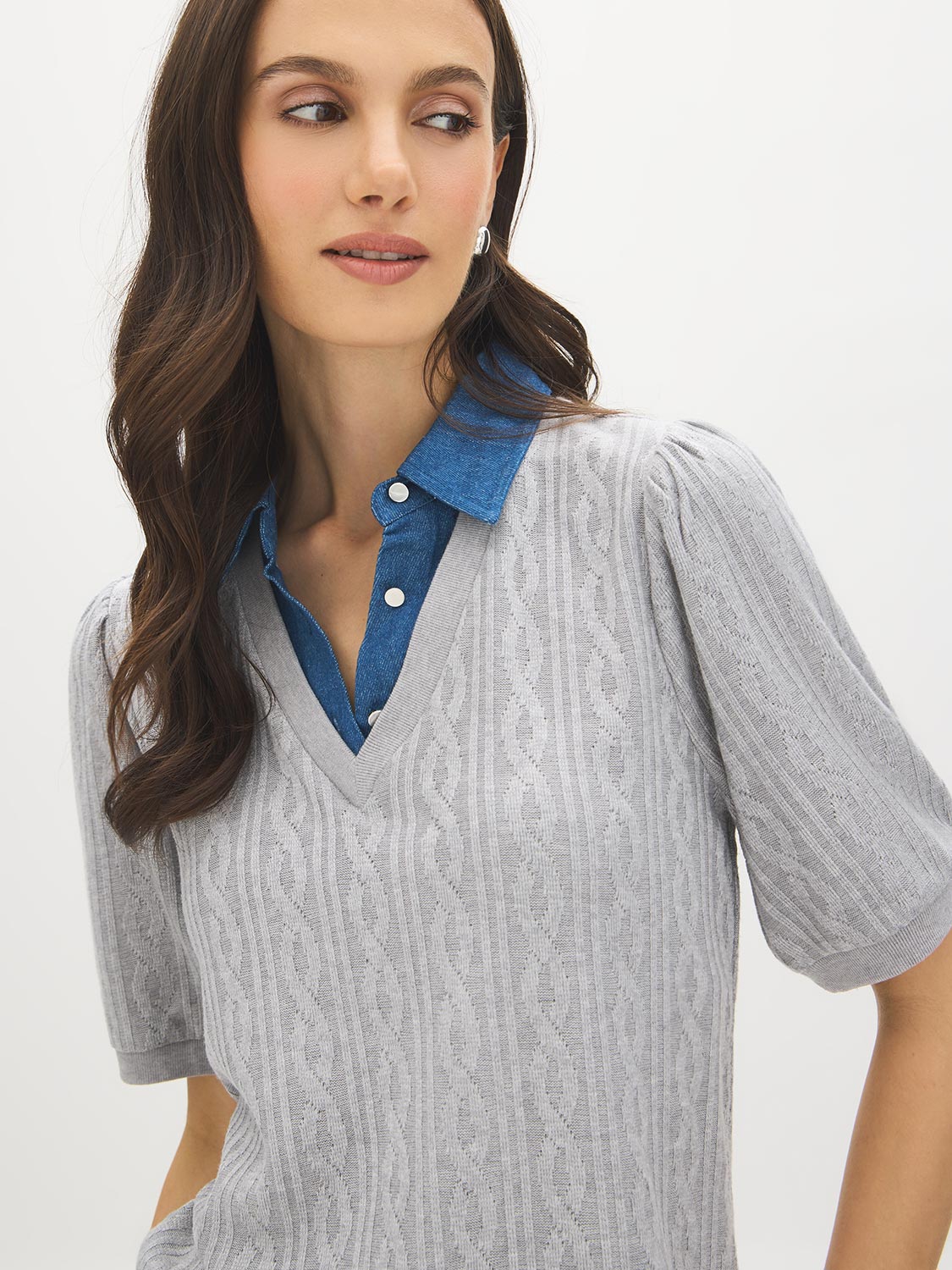 Grey Melange Puff Sleeve Jacquard Sweater - Close-up Fabric Detail - Suzy Shier