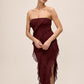 Bordeaux Strapless Mesh Midi Dress with Asymmetrical Ruffles - Front View - Le Chateau