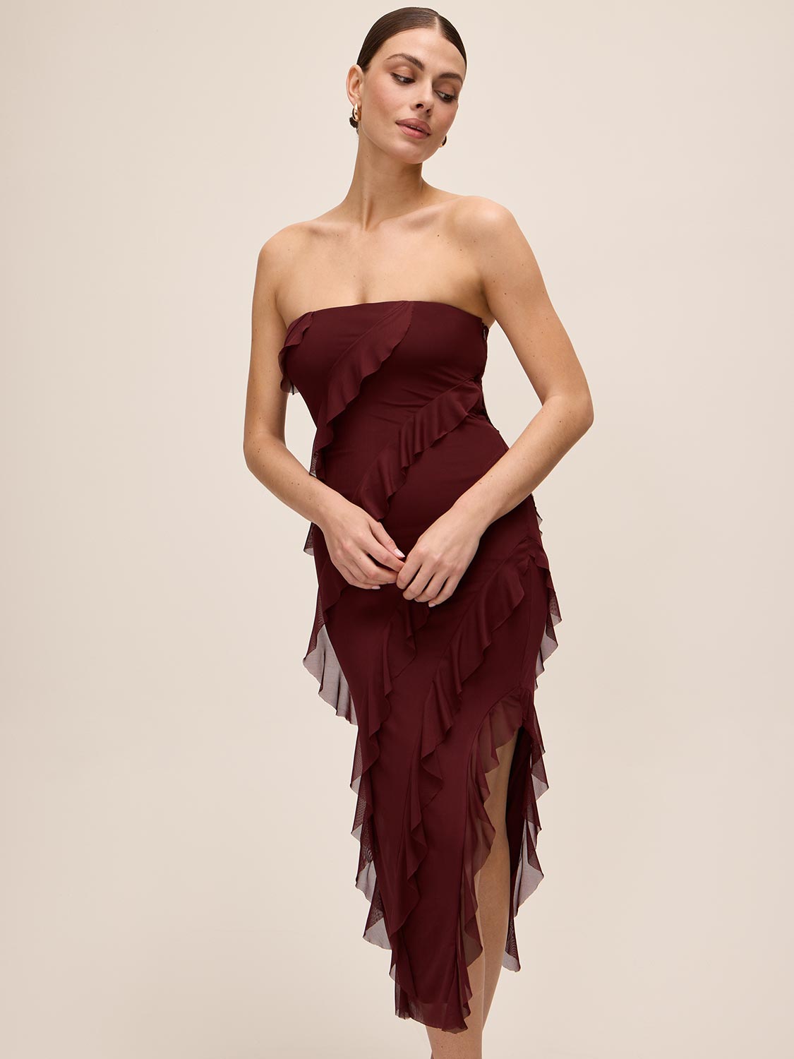 Bordeaux Strapless Mesh Midi Dress with Asymmetrical Ruffles - Front View - Le Chateau
