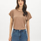 Brown Melange Striped Dolman Sleeve Knit Top - Woman Wearing Relaxed Fit Jersey Top - Suzy Shier