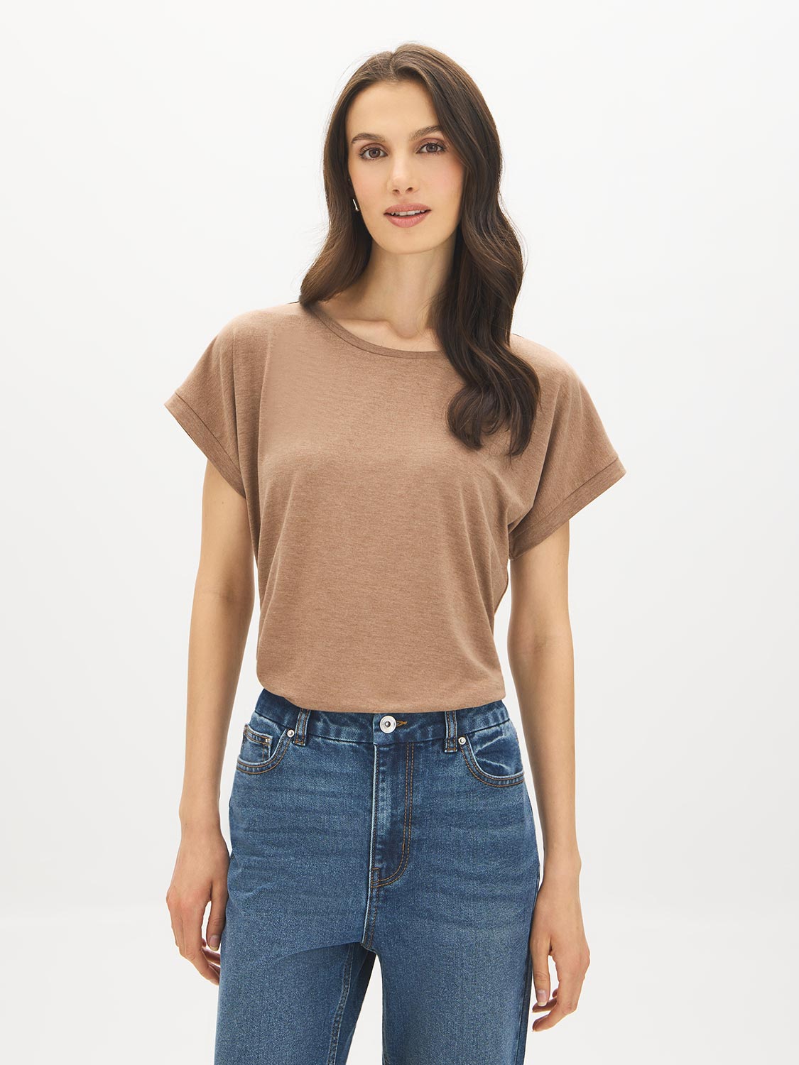 Brown Melange Striped Dolman Sleeve Knit Top - Woman Wearing Relaxed Fit Jersey Top - Suzy Shier