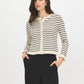 Beige/Navy Ruffle Detail Knit Cardigan - Front View - Suzy Shier