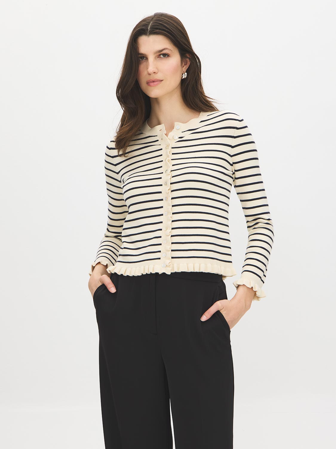 Beige/Navy Ruffle Detail Knit Cardigan - Front View - Suzy Shier