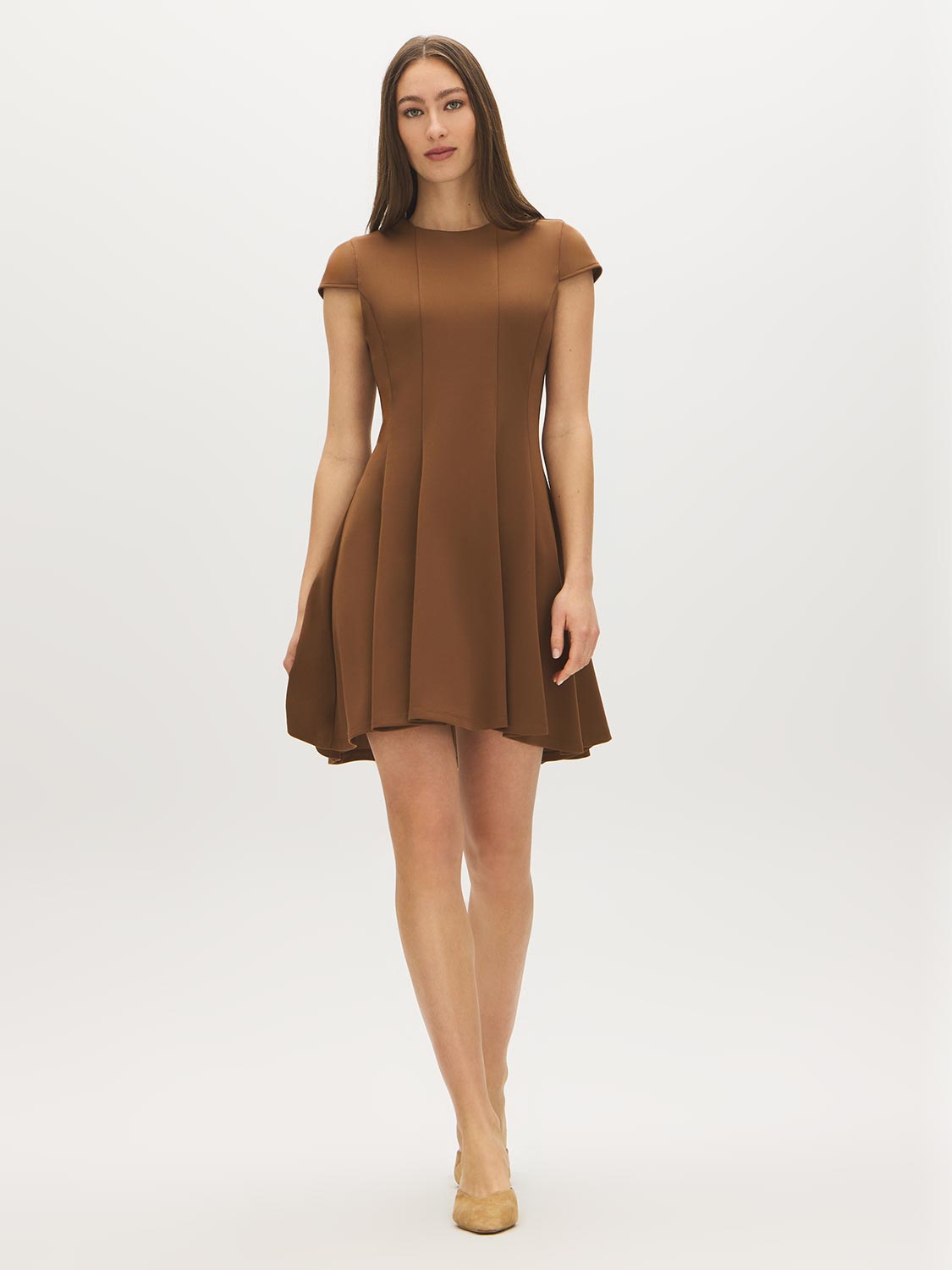 Bison Cap Sleeve Mini Dress with Panel Detail - Front View - Suzy Shier