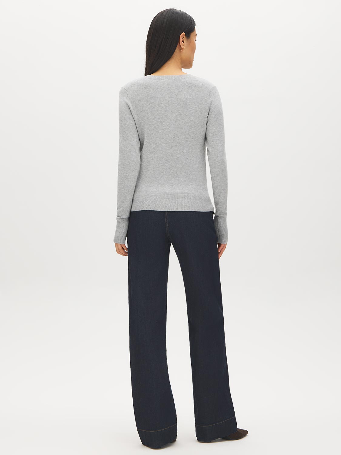 Lunar Melange V-Neck Knit Sweater with Ribbed Cuffs - Back View - Suzy Shier