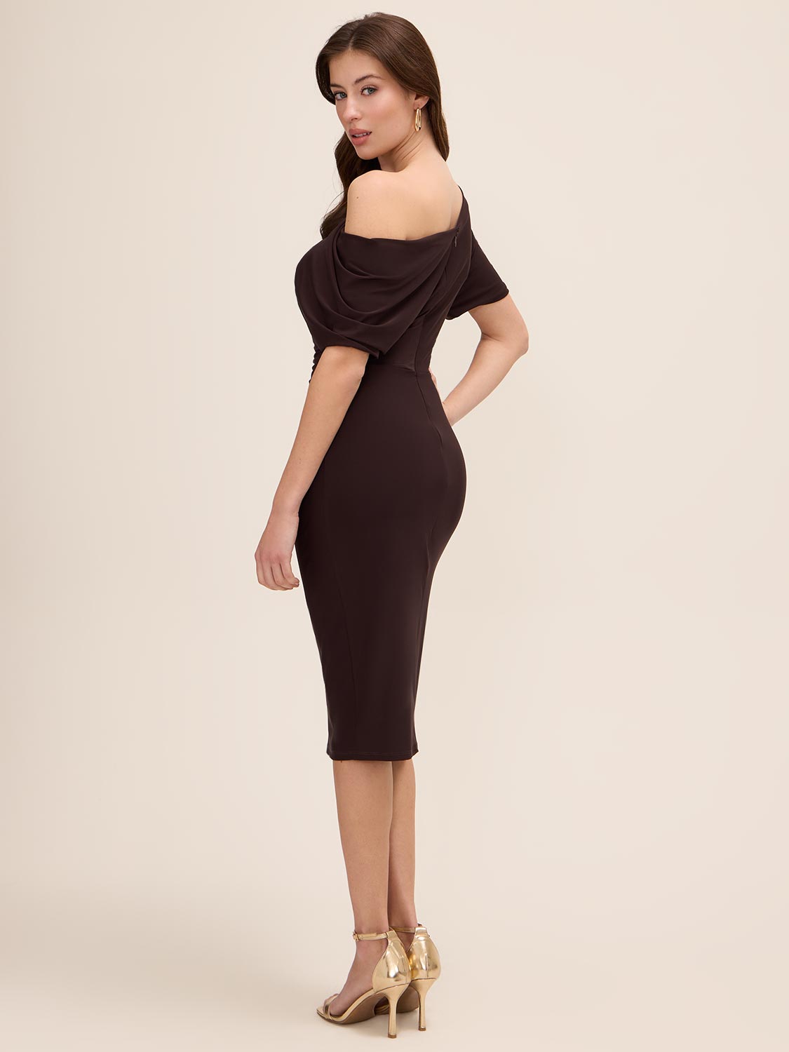 Coco Powder Asymmetrical Neckline Sheath Dress - Woman Wearing Elegant Fitted Dress - Le Chateau