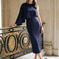 Dark Sapphire Satin Slip Popover Dress with Asymmetric Cape - Woman Wearing Elegant Evening Dress - Le Chateau
