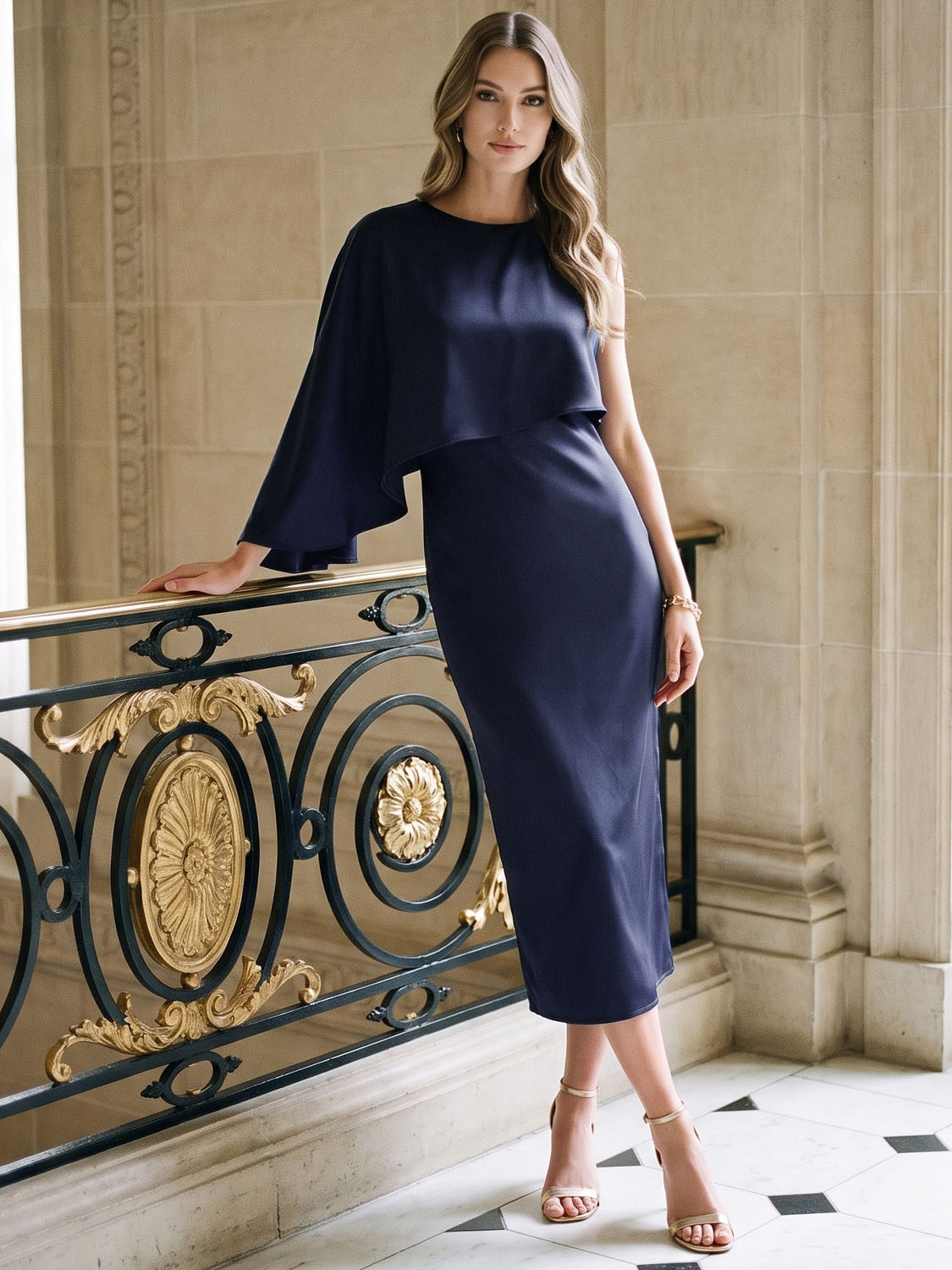 Dark Sapphire Satin Slip Popover Dress with Asymmetric Cape - Woman Wearing Elegant Evening Dress - Le Chateau