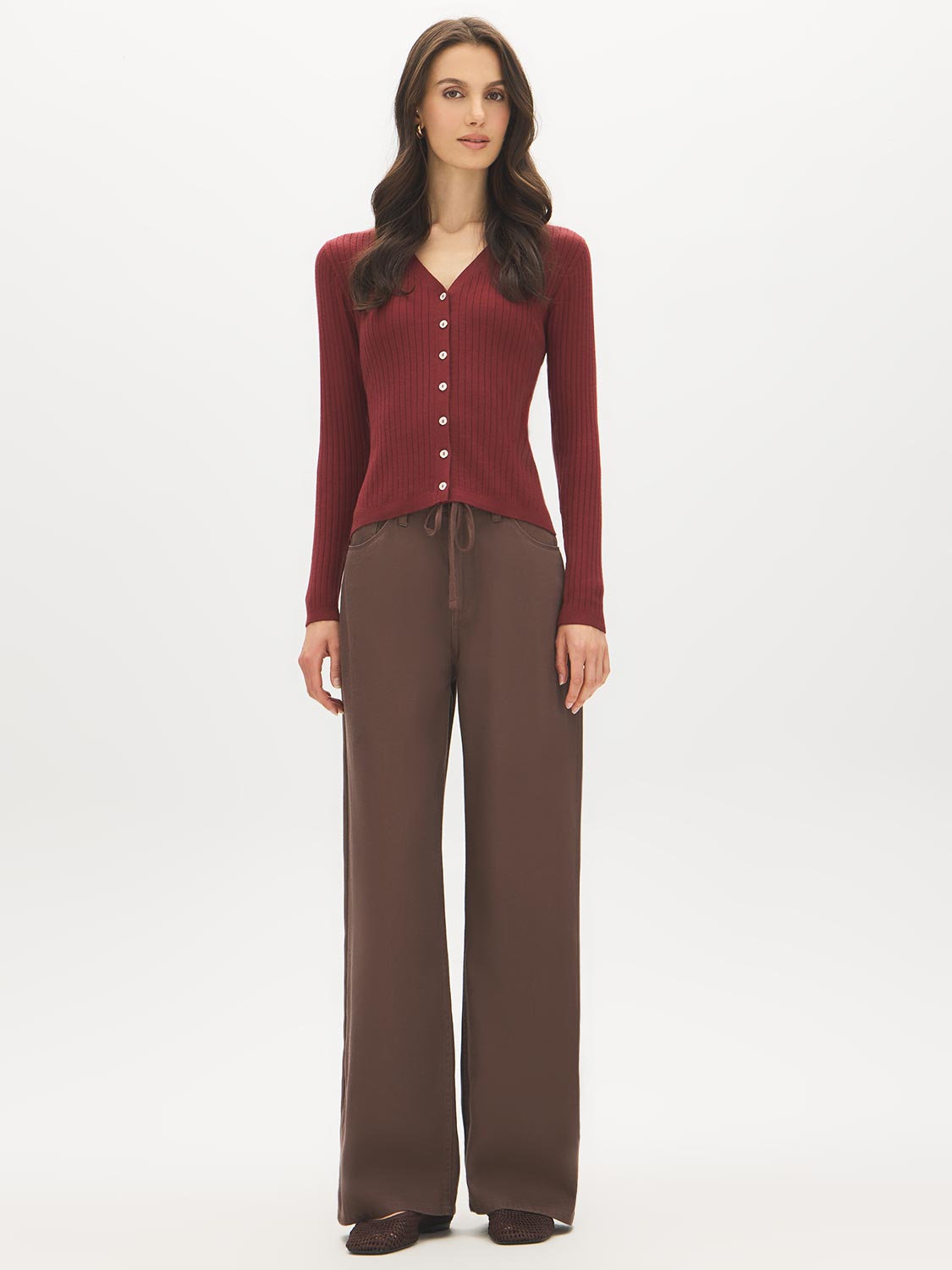 Syrah V-Neck Ribbed Cardigan - Front View - Suzy Shier
