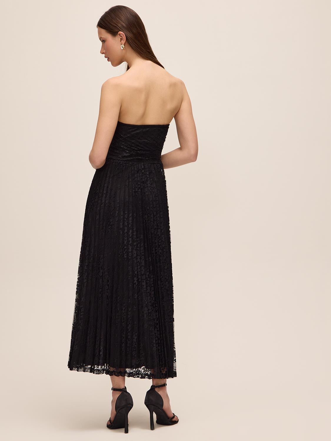 Black Strapless Lace Midi Dress with Pleated Skirt - Back View - Le Chateau