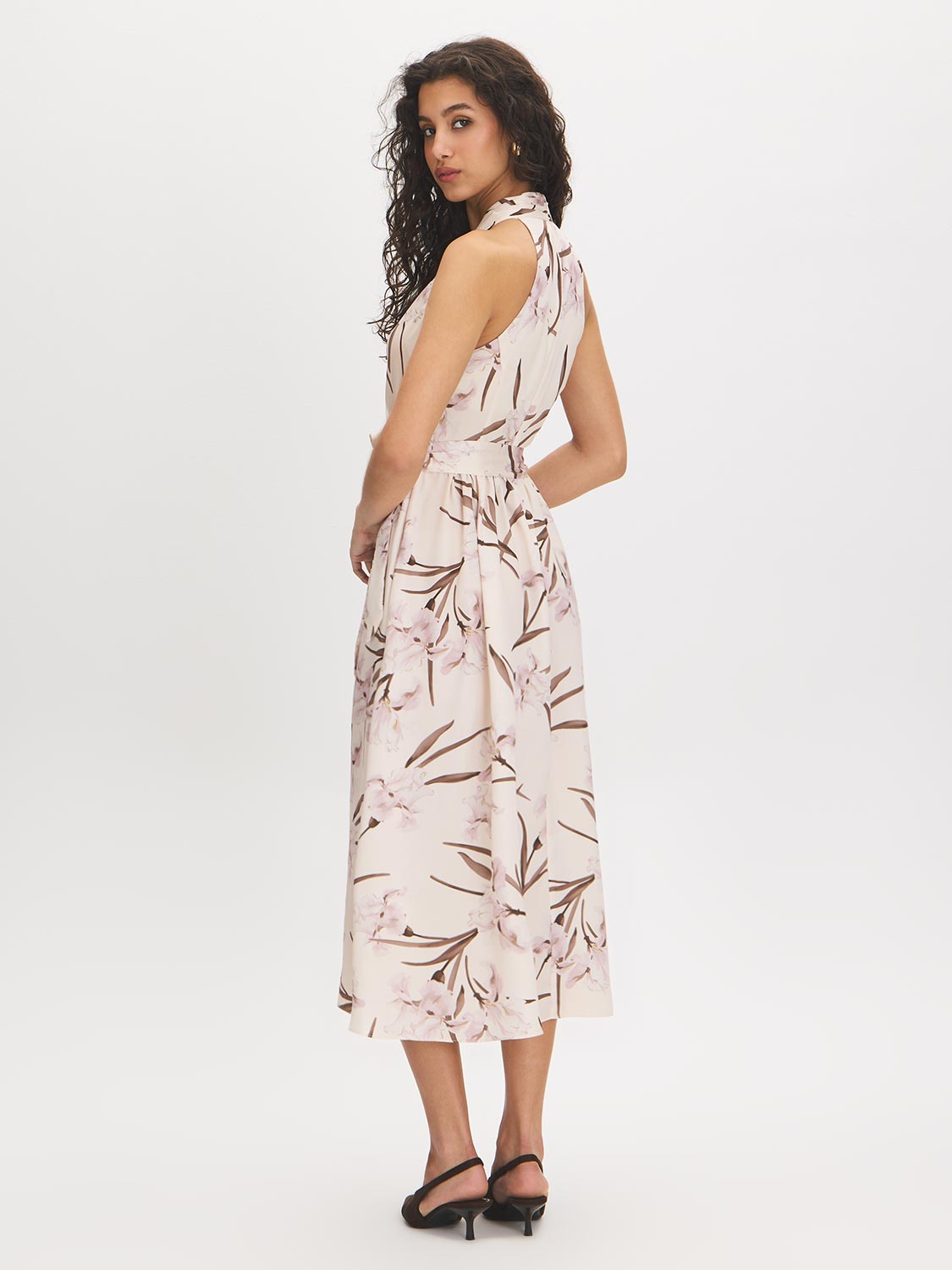 Pink Tint Dot Print Satin Halter Dress - Back View - Suzy Shier