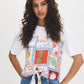 Snow White Printed Scarf Satin Front Top - Woman Wearing Satin Front Knit Top - Suzy Shier