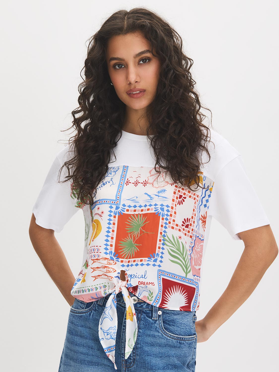Snow White Printed Scarf Satin Front Top - Woman Wearing Satin Front Knit Top - Suzy Shier