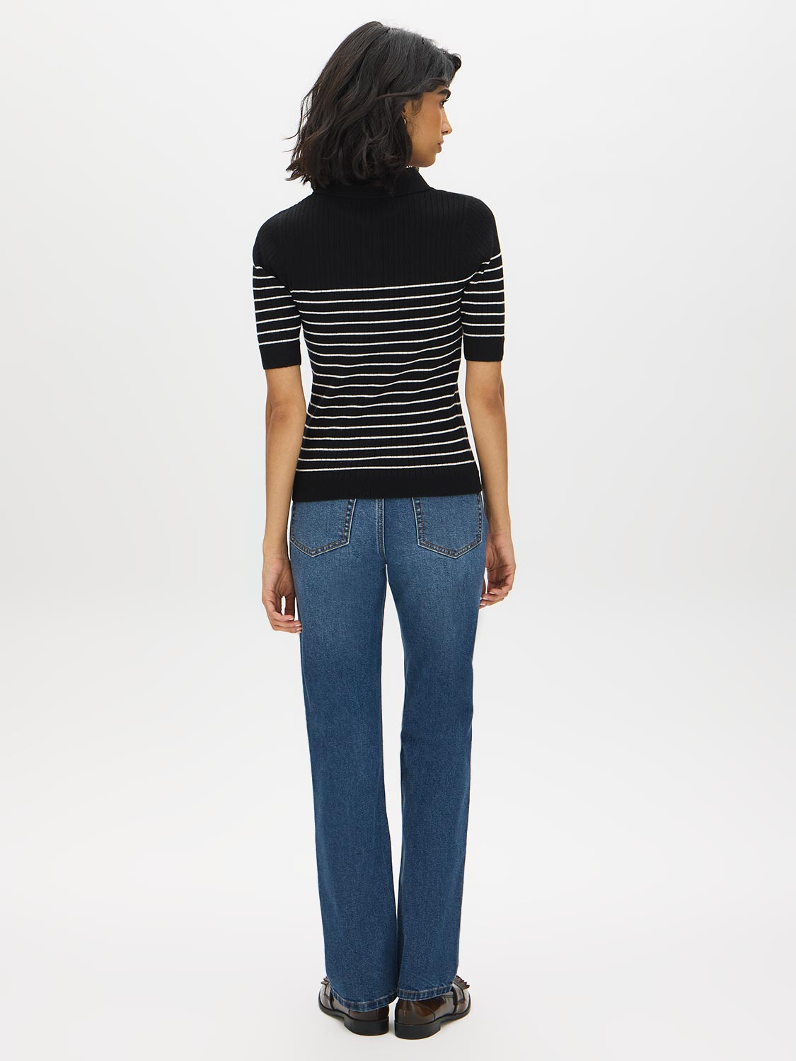 Black/Pearl Striped Ribbed Polo Sweater - Back View - Suzy Shier