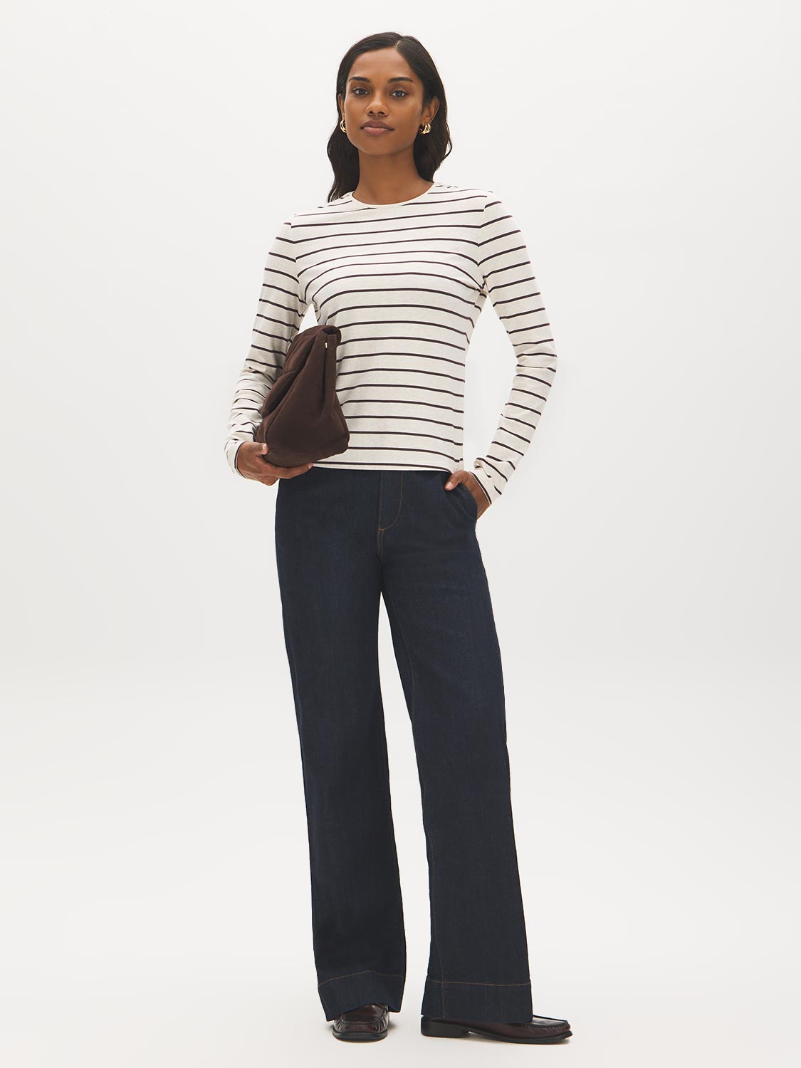 Beige Melange/Burgundy Striped Crew Neck Long Sleeve Top - Front View - Suzy Shier