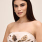 Brown/Antique Cream Leaf Print Strapless Midi Dress - Woman Wearing Pleated Strapless Dress - Le Chateau