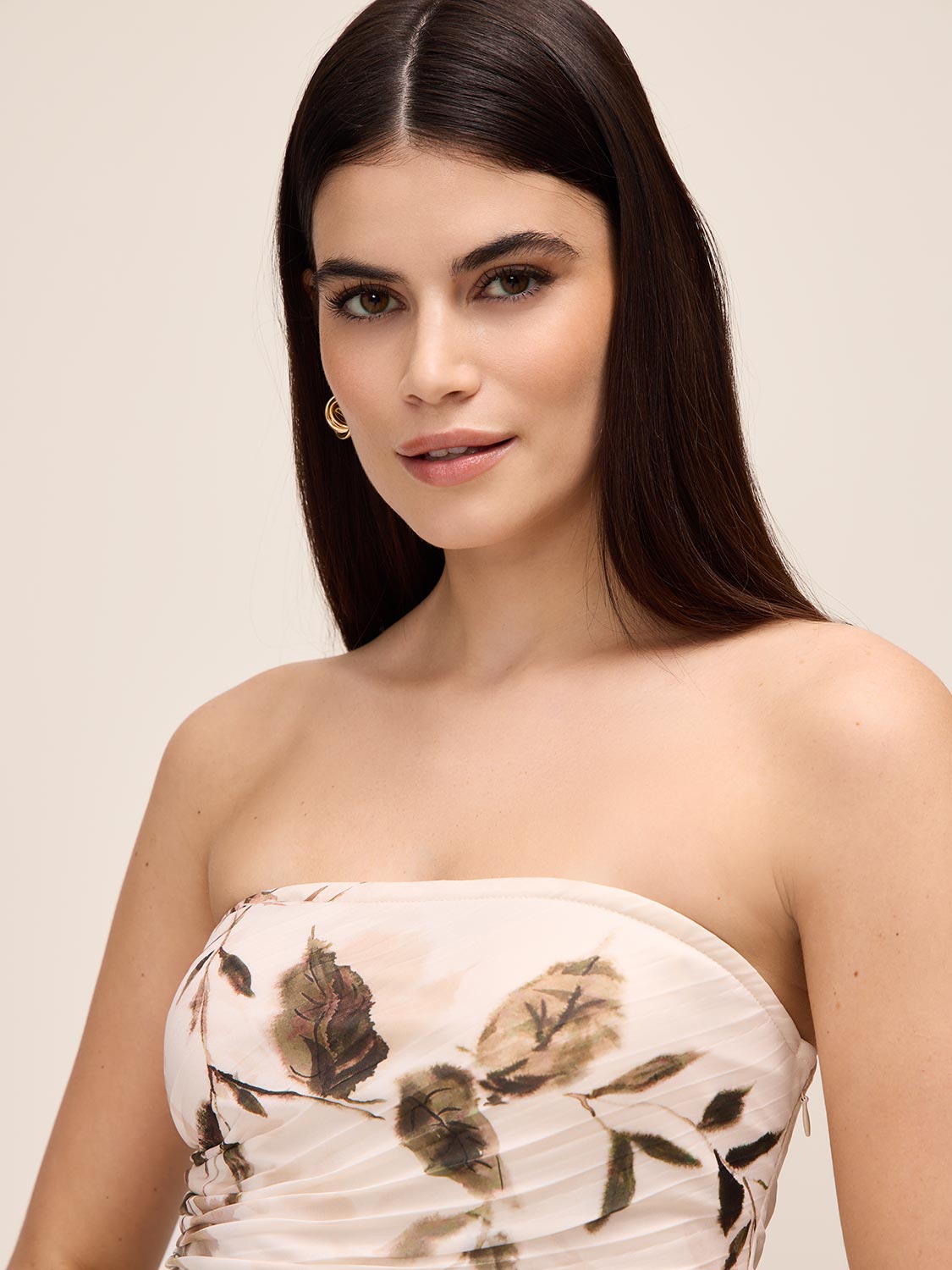 Brown/Antique Cream Leaf Print Strapless Midi Dress - Woman Wearing Pleated Strapless Dress - Le Chateau