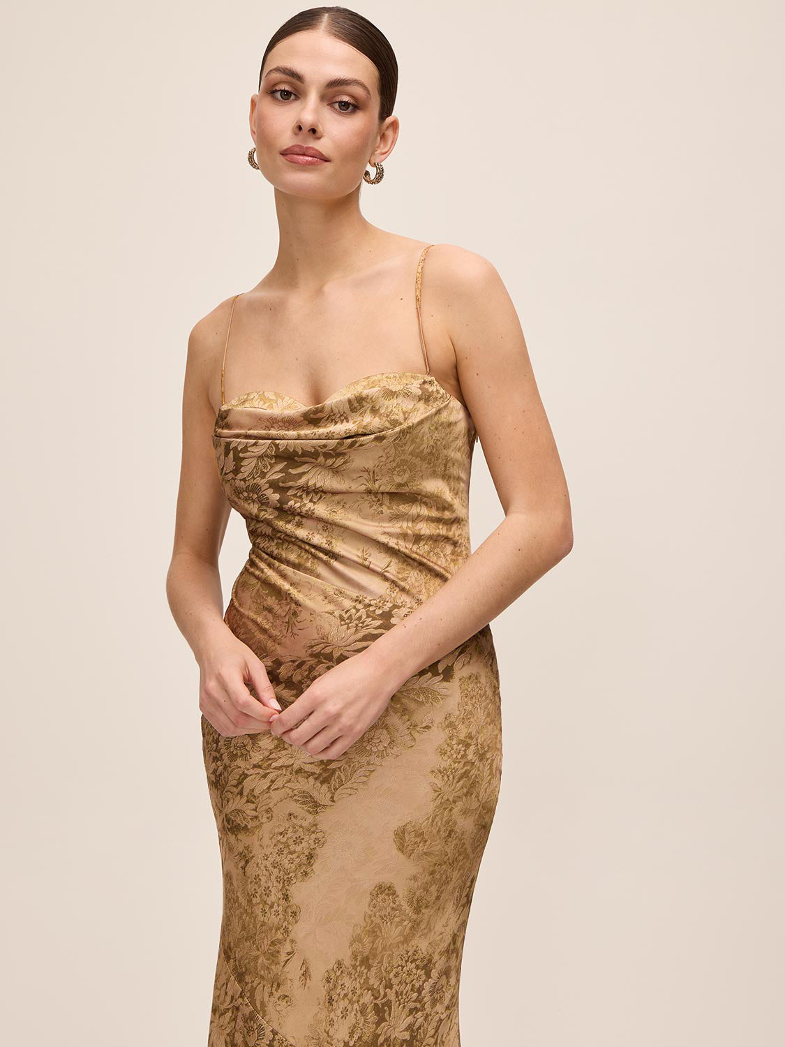Gold/Mocha Jacquard Floral Bustier Gown - Upper Body Detail - Le Chateau
