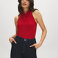Jester Red Cowl Neck Halter Knit Top - Woman Wearing High Cowl Neck Top - Suzy Shier