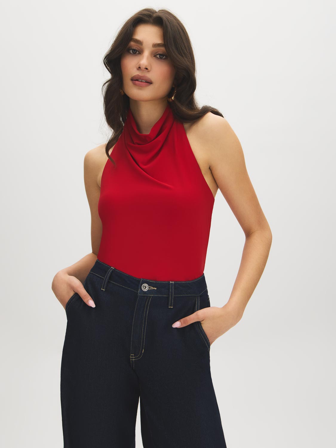 Jester Red Cowl Neck Halter Knit Top - Woman Wearing High Cowl Neck Top - Suzy Shier