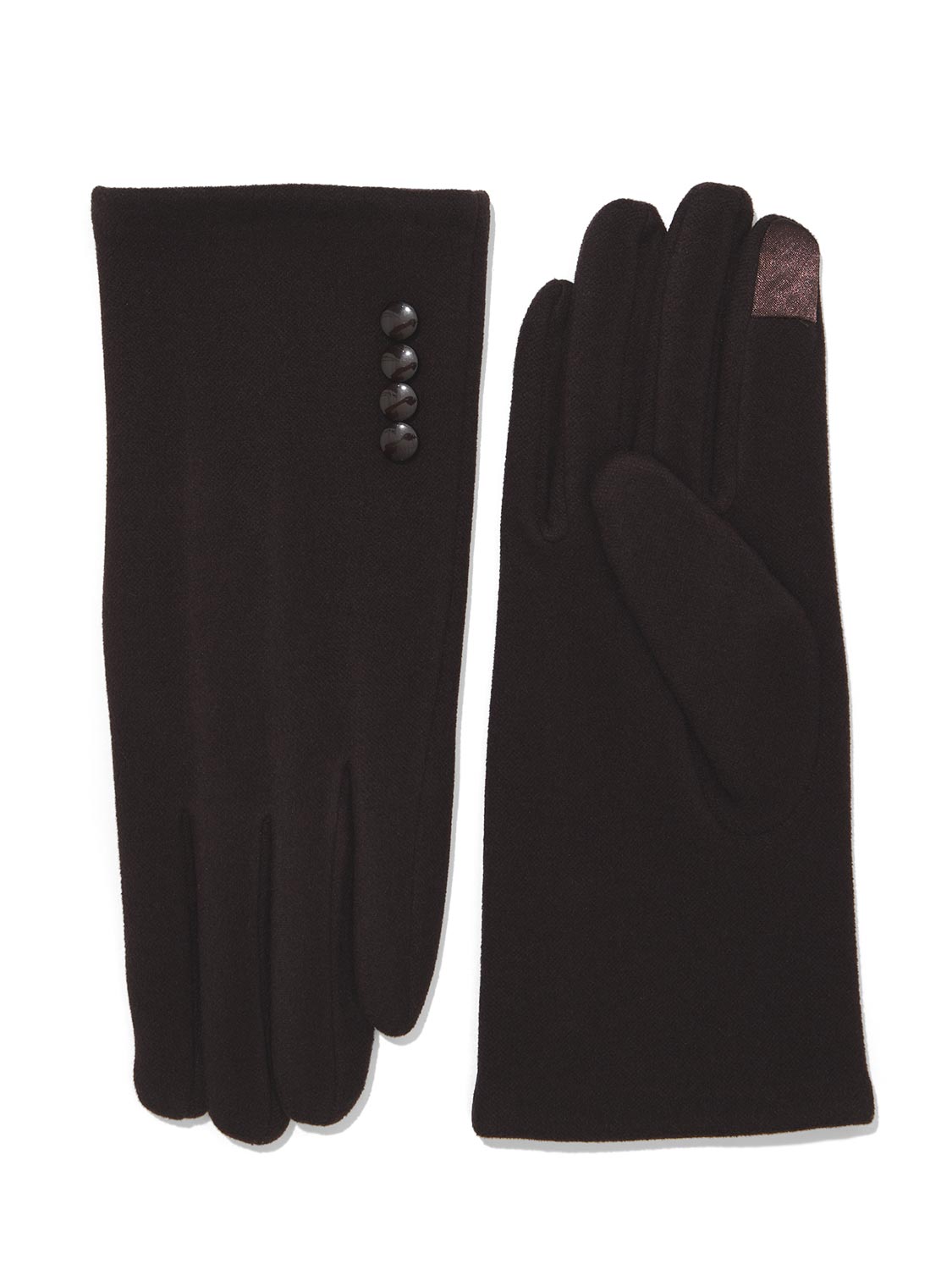 Brown iTouch Knit Gloves with Button Detail - Front and Back View - Suzy Shier