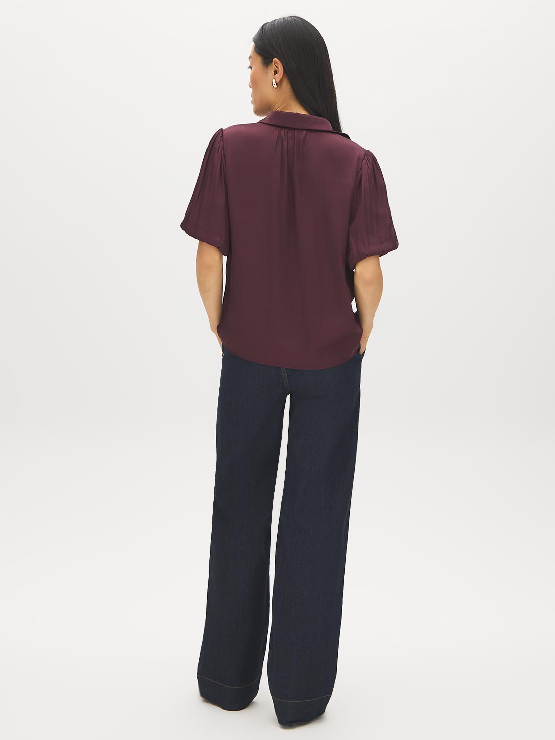 Winetasting Matte Satin Blouse with Bubble Sleeves - Back View - Suzy Shier