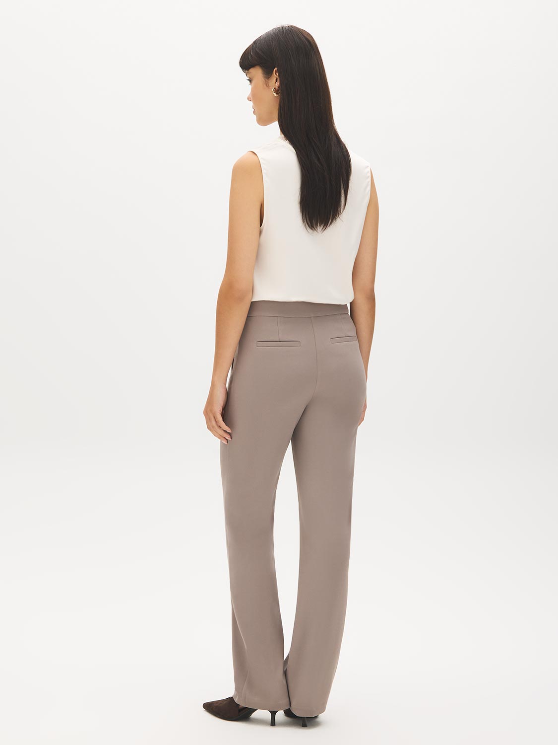 Lt Grey Pull-On Straight Leg Pant with Waist Tabs - Woman Wearing Clean Front Trousers - Suzy Shier