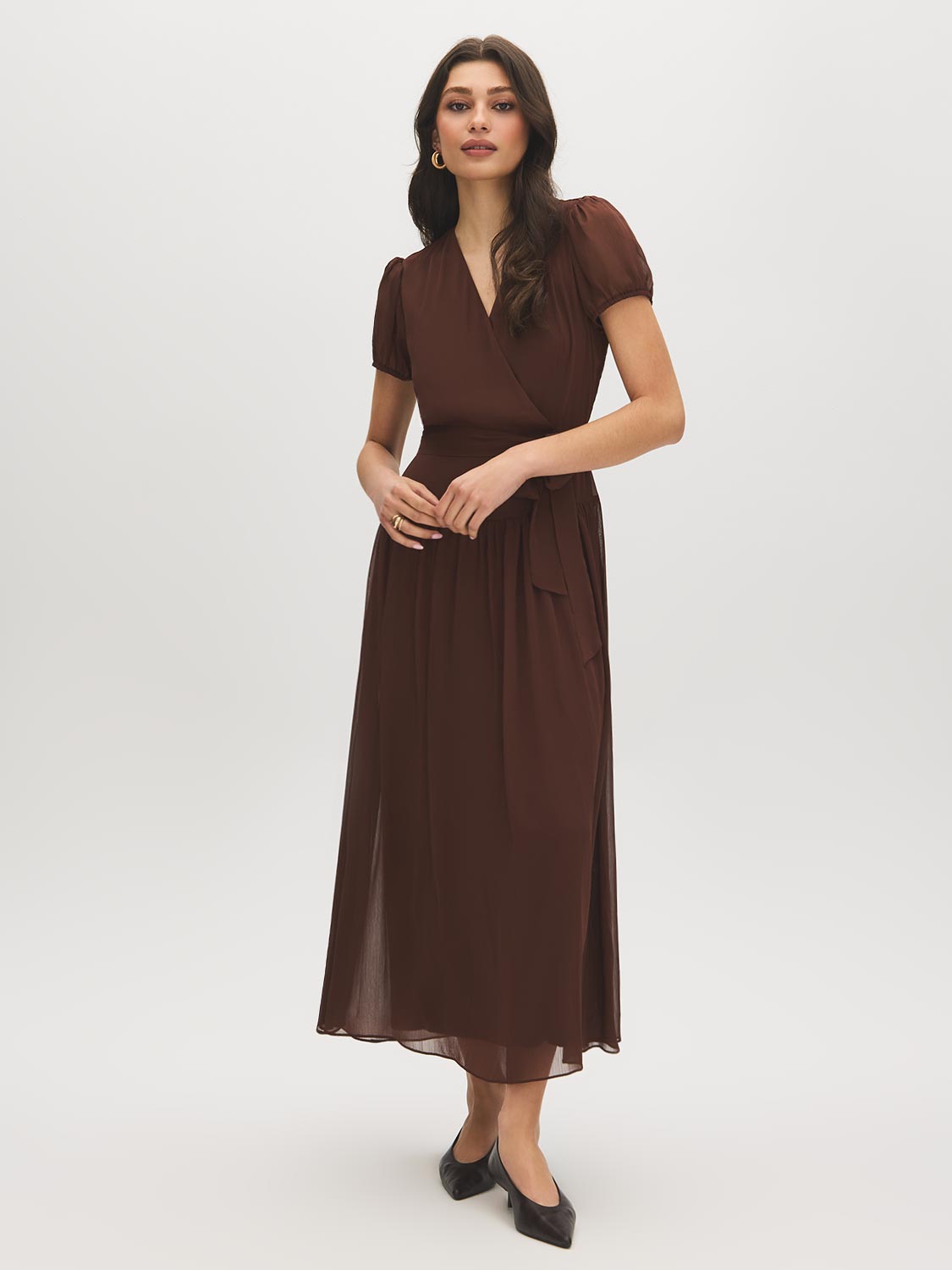 Milk Chocolate Textured Chiffon Midi Dress - Woman Wearing Cross Over Front Dress - Suzy Shier