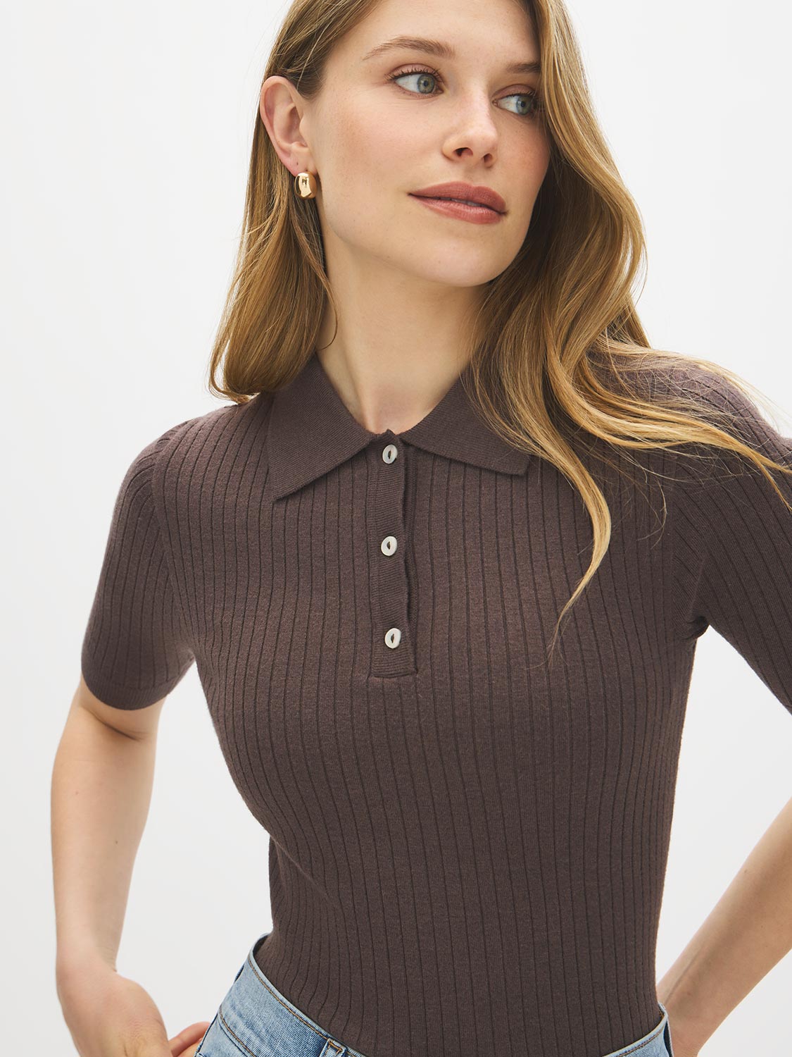 Mocka Mix Ribbed Polo Collar Knit Sweater - Front View - Suzy Shier