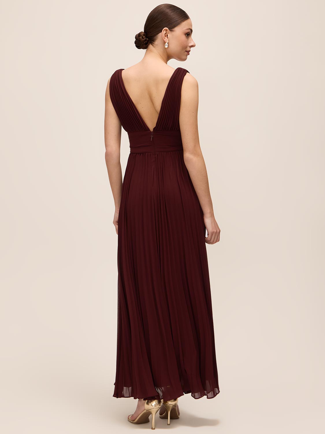 Bordeaux V-Neck Pleated Chiffon Gown - Back View - Le Chateau