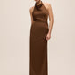 Mocha Cowl Neck Gown with Side Pleat - Full Front View - Le Chateau