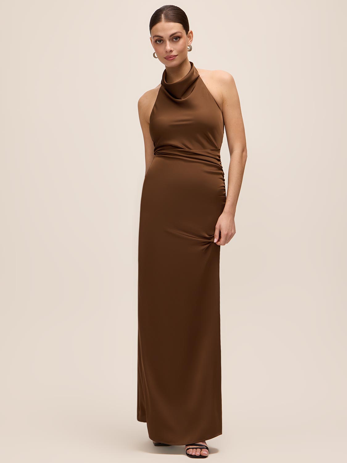 Mocha Cowl Neck Gown with Side Pleat - Full Front View - Le Chateau