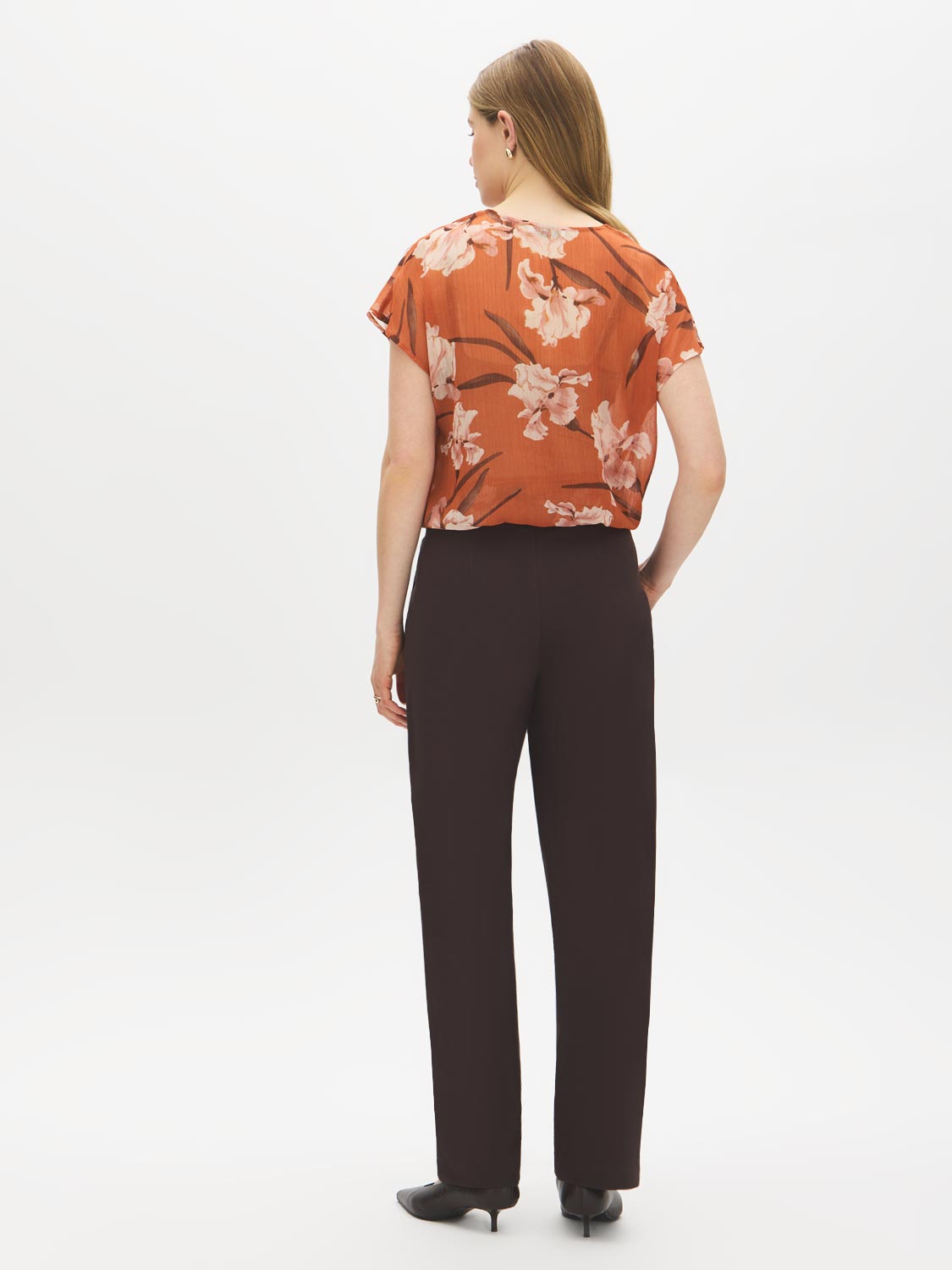 Autumn Leaf Printed V-Neck Blouse with Dolman Sleeves - Back View - Suzy Shier
