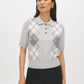 Mix Grey Argyle Jacquard Polo Sweater - Woman Wearing Short Sleeve Knit Top - Suzy Shier