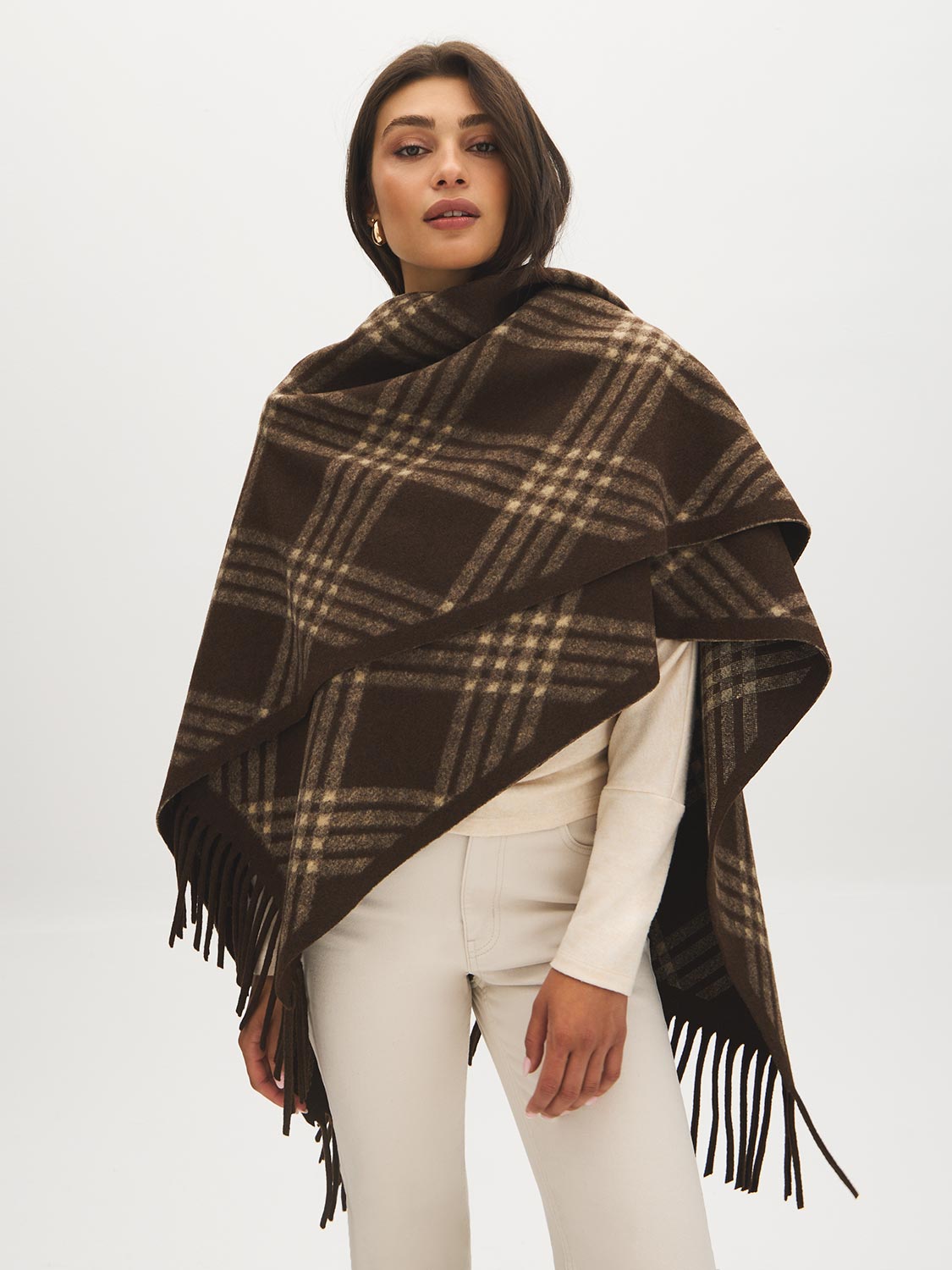 Brown Plaid Fringe Cape - Woman Wearing Oversized Woven Cape - Suzy Shier