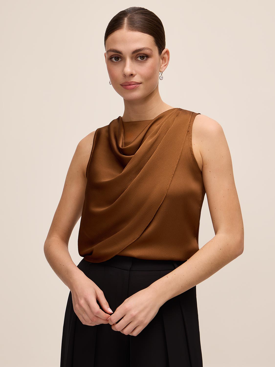 Bronze Draped Cowl Shell Top - Front View - Le Chateau