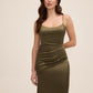 Khaki Satin V-Neck Gown with Side Pleats - Woman Wearing Evening Dress with Side Slit - Le Chateau