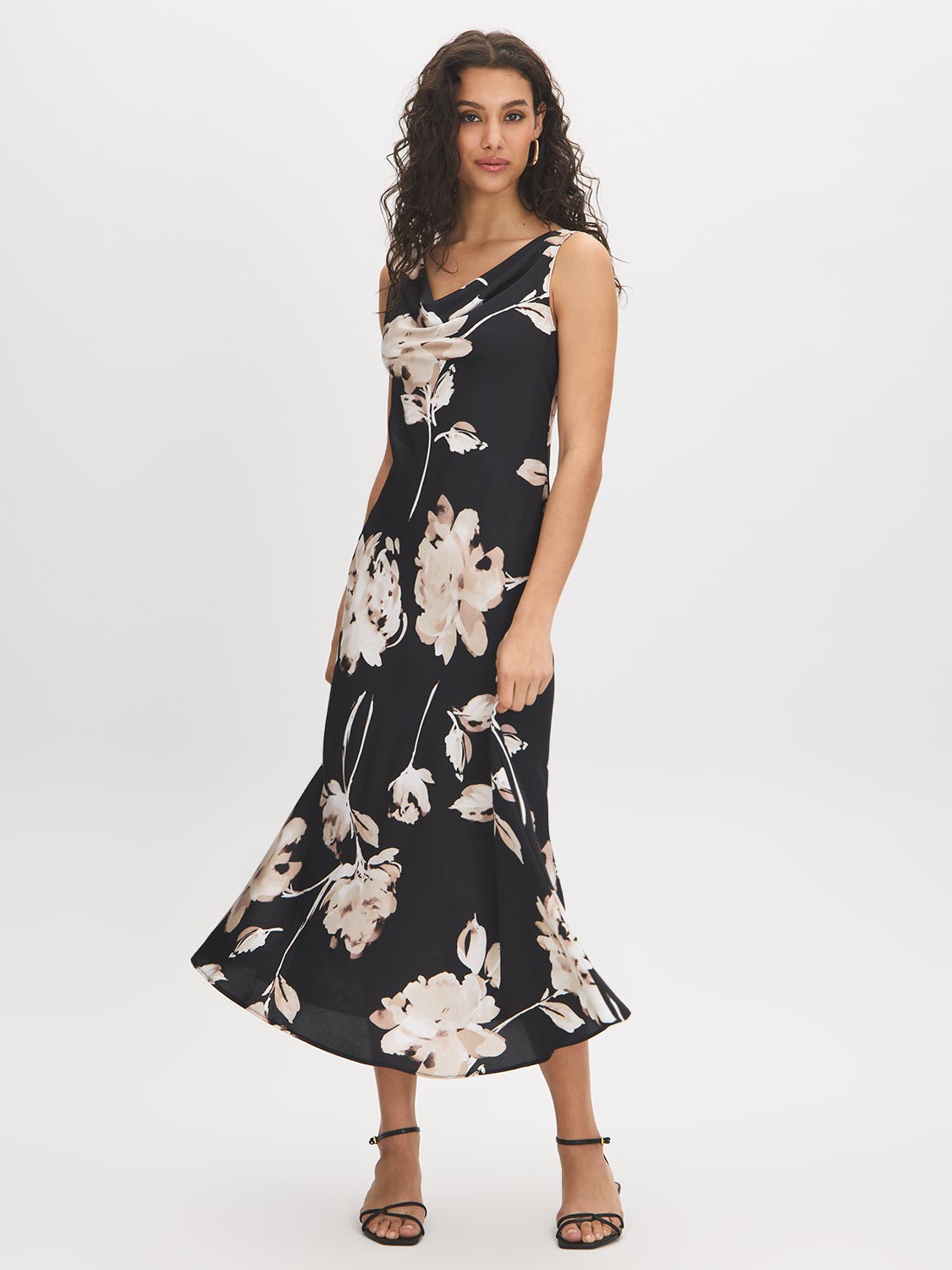 Black Floral Cowl Neck Satin Dress - Front View - Suzy Shier