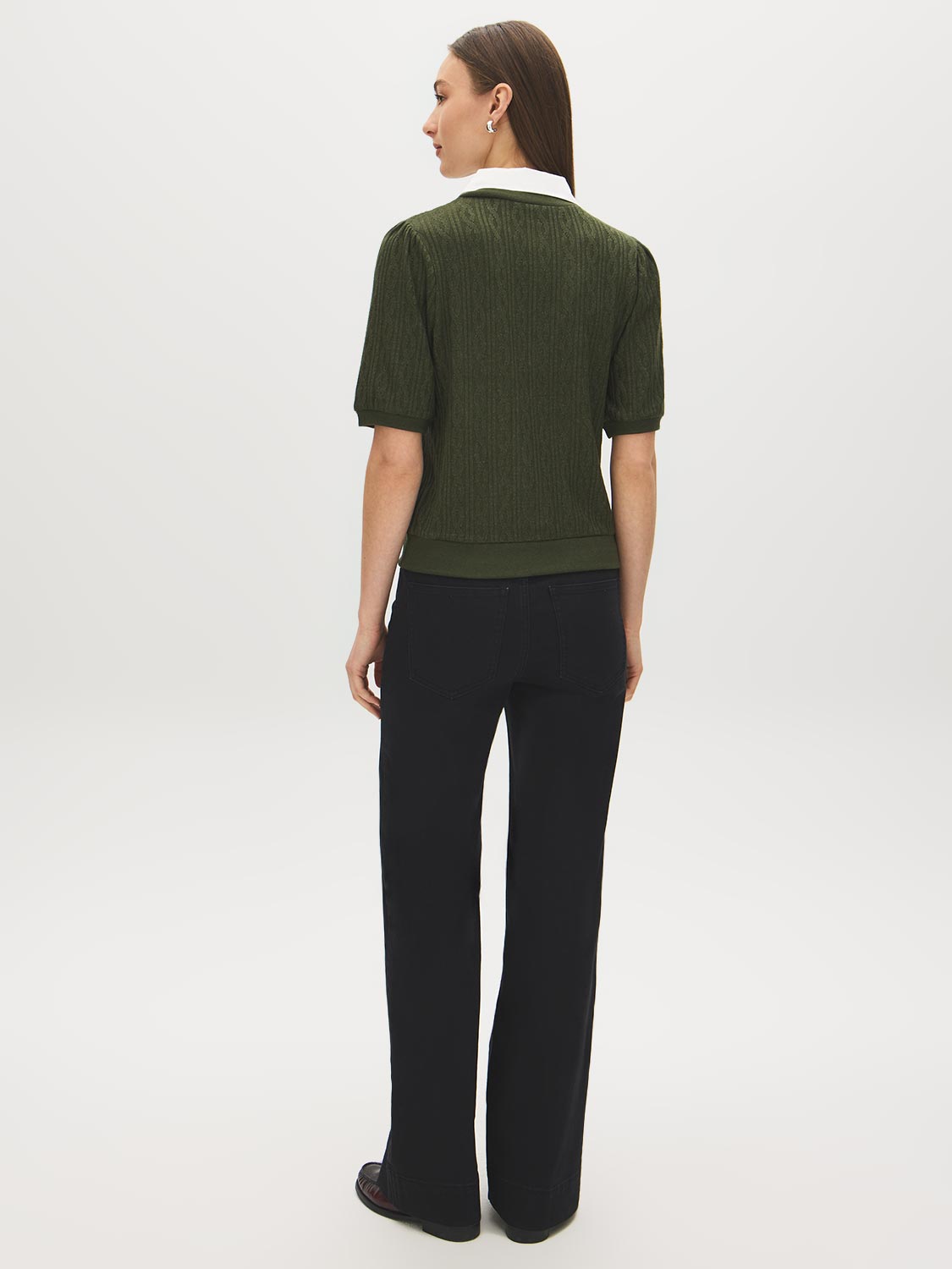 Deep Depths Melange Jacquard Sweater with Poplin Collar - Back View - Suzy Shier