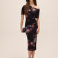 Black Floral Asymmetrical Neckline Sheath Dress - Woman Wearing Ruched Evening Dress - Le Chateau