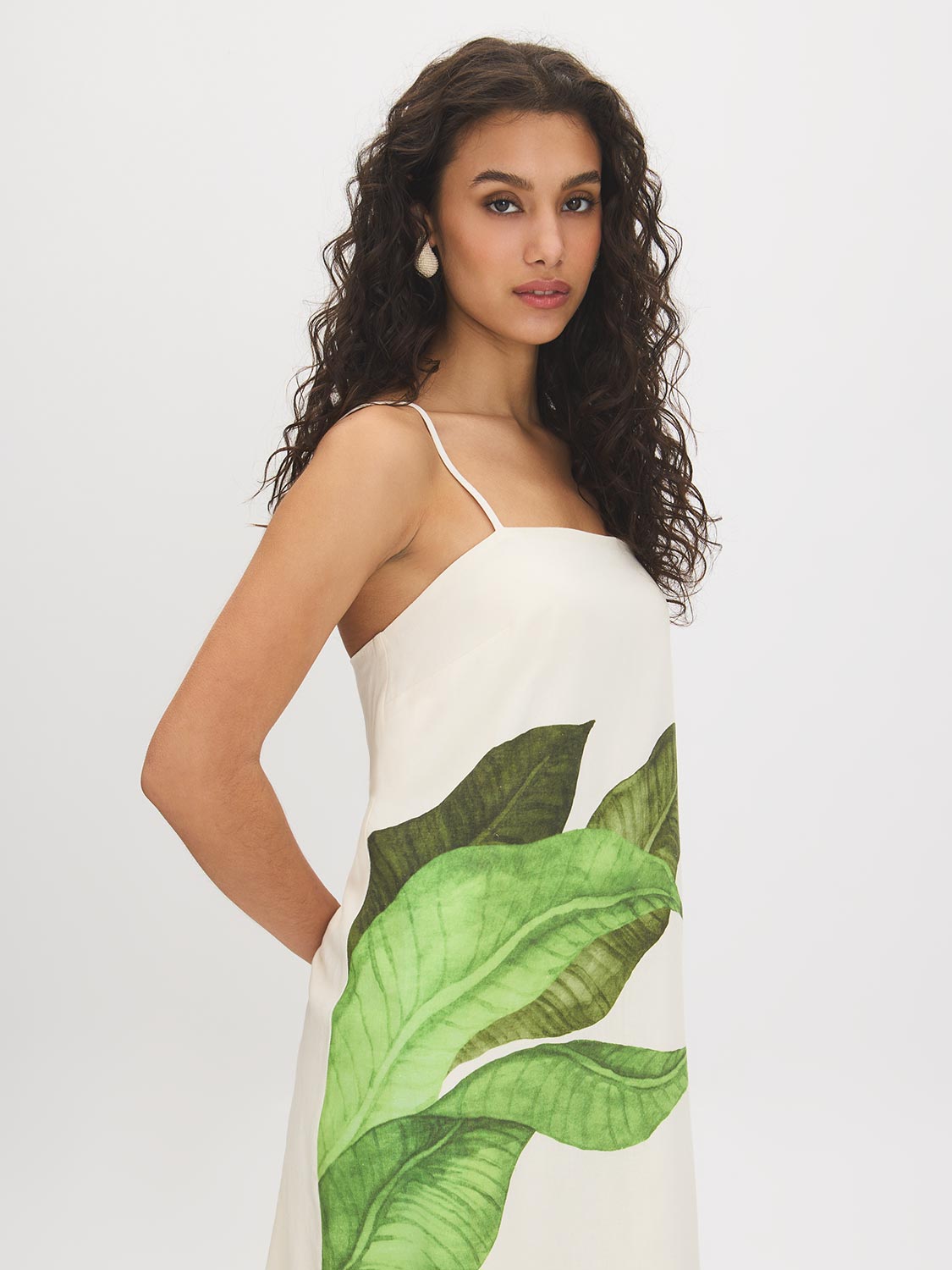 Cream Placement Print Midi Dress - Woman Wearing Adjustable Strap Dress - Suzy Shier