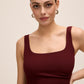 Bordeaux Knit Crepe Scoop Neck Midi Dress - Close-up Neckline Detail - Le Chateau