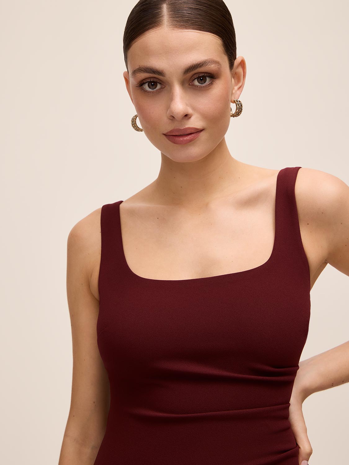Bordeaux Knit Crepe Scoop Neck Midi Dress - Close-up Neckline Detail - Le Chateau
